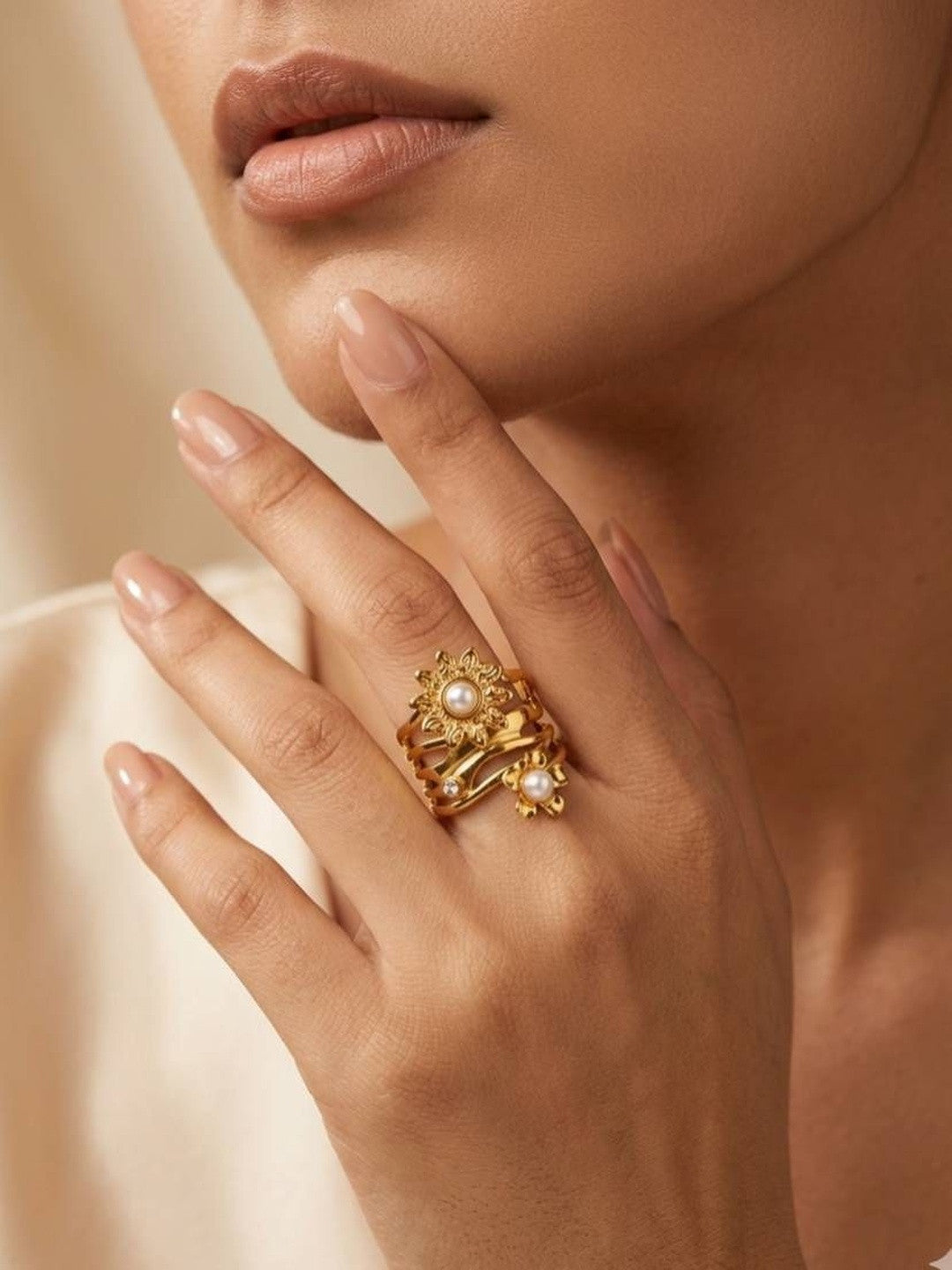 Layered Floral Coil with Pave & Accents Pearl Diamond Ring