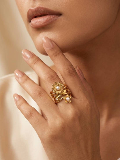 Layered Floral Coil with Pave & Accents Pearl Diamond Ring