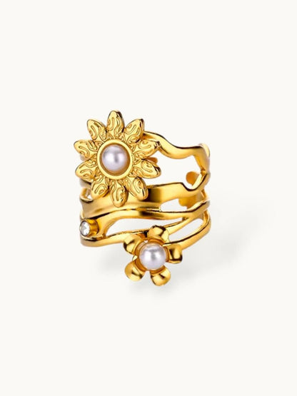 Layered Floral Coil with Pave & Accents Pearl Diamond Ring
