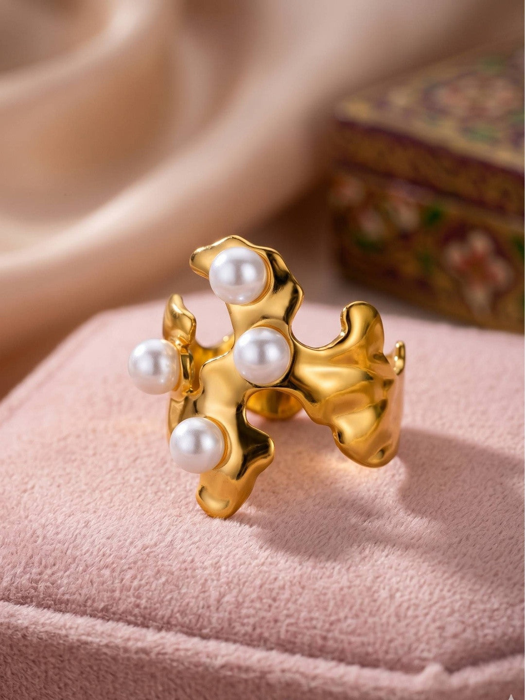 Sculptural Molten Four-Pearl Gold Statement Ring