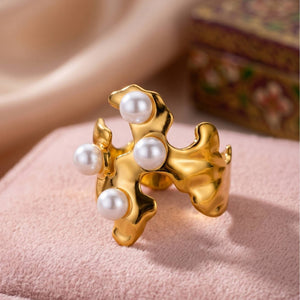 Sculptural Molten Four-Pearl Gold Statement Ring