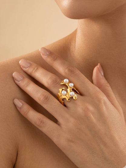 Sculptural Molten Four-Pearl Gold Statement Ring
