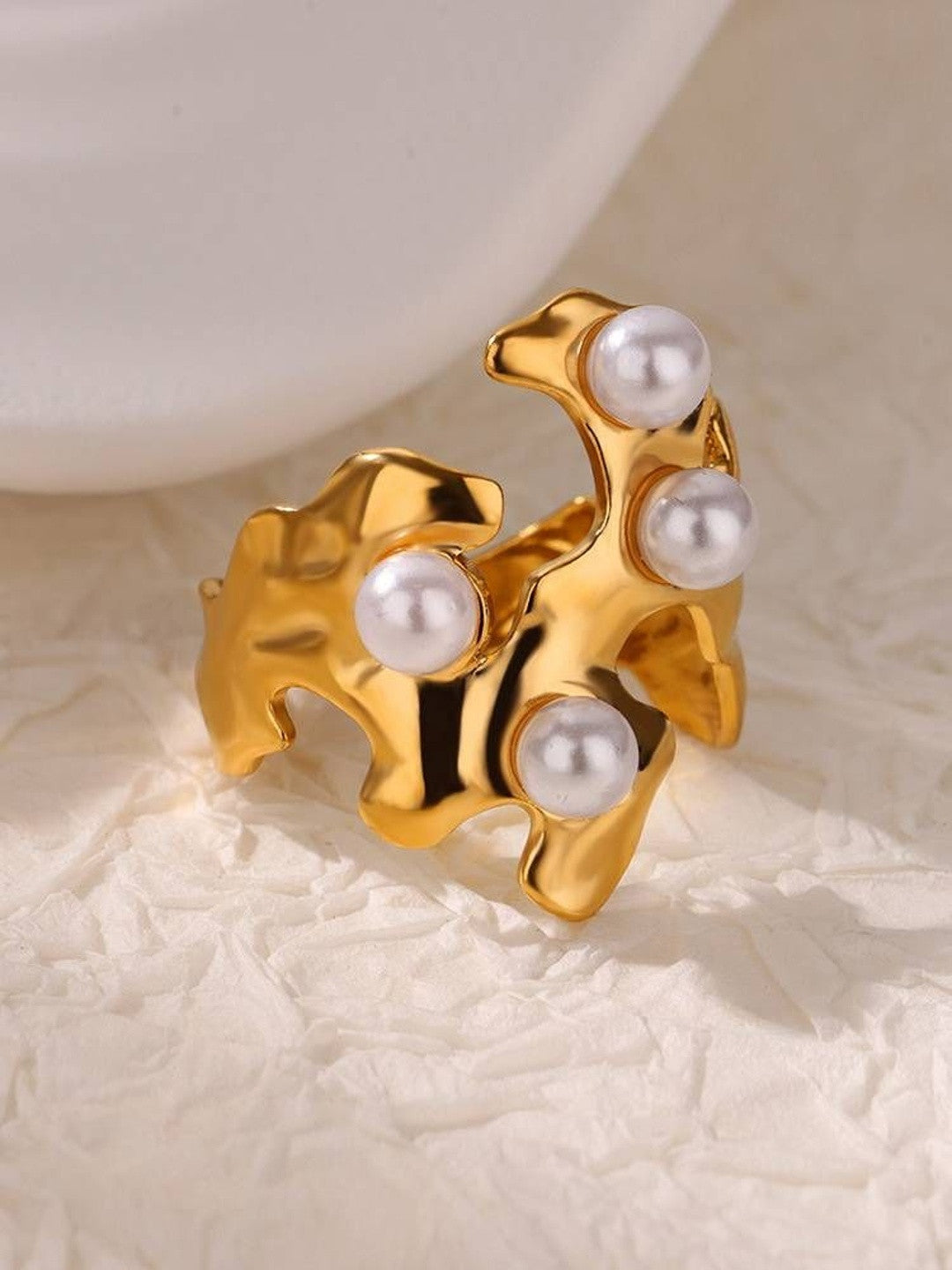 Sculptural Molten Four-Pearl Gold Statement Ring