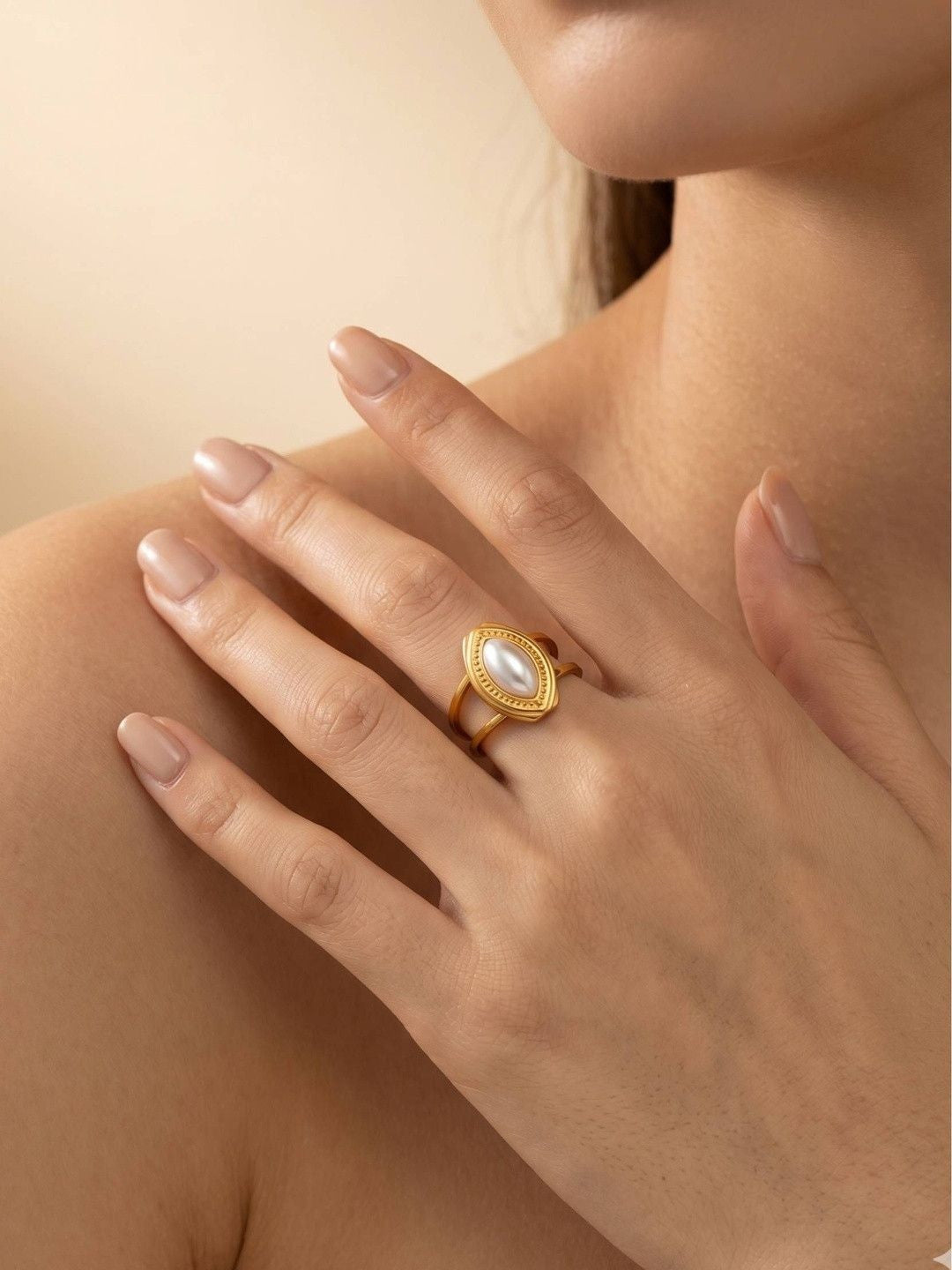 Marquise Faux Split Shank Adjustable Pearl Ring