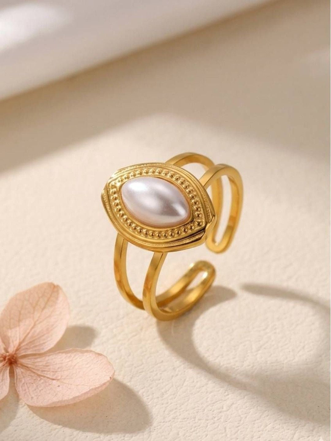 Marquise Faux Split Shank Adjustable Pearl Ring
