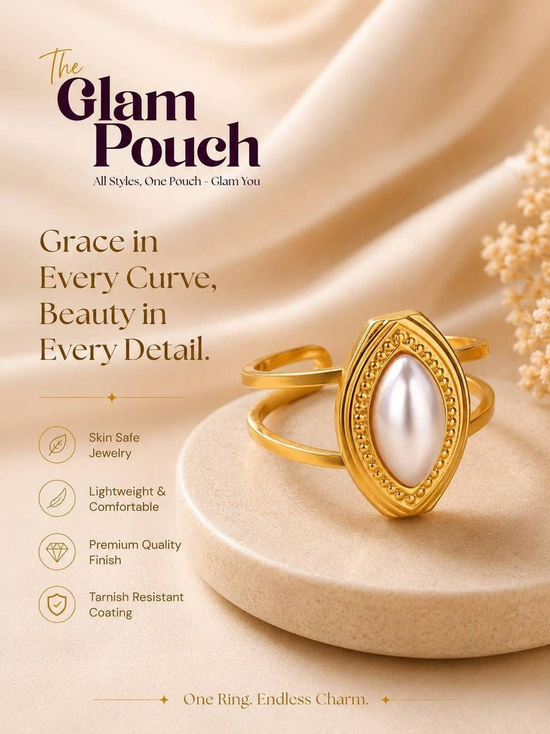 Marquise Faux Split Shank Adjustable Pearl Ring