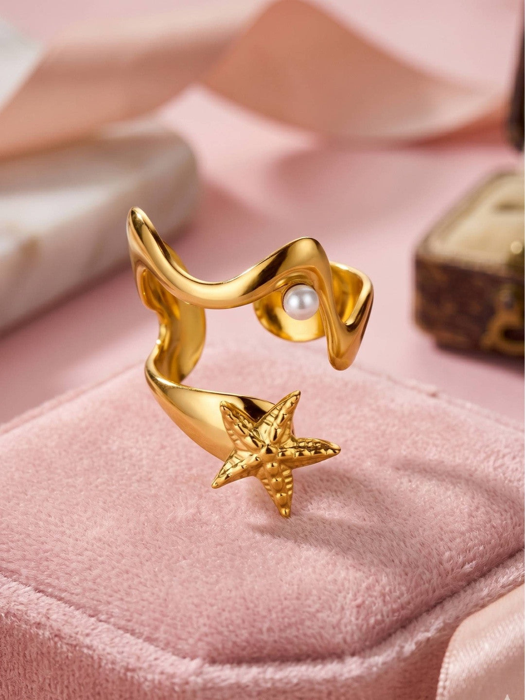 Abstract Nautical Starfish & Wrap Pearl Ring