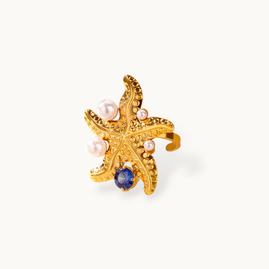 Glamorous Pearl & Gem Stone Starfish Cocktail Pearl Ring