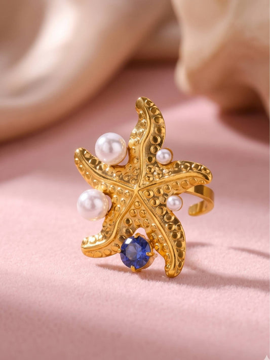 Glamorous Pearl & Gem Stone Starfish Cocktail Pearl Ring