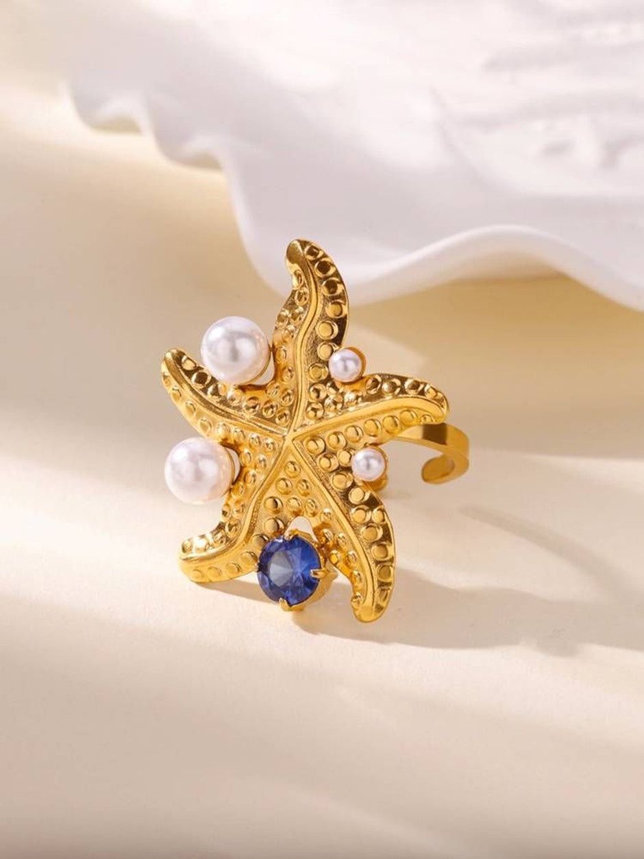 Glamorous Pearl & Gem Stone Starfish Cocktail Pearl Ring