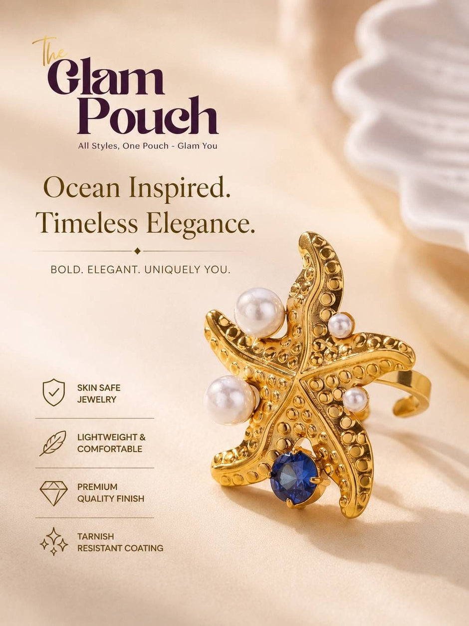 Glamorous Pearl & Gem Stone Starfish Cocktail Pearl Ring