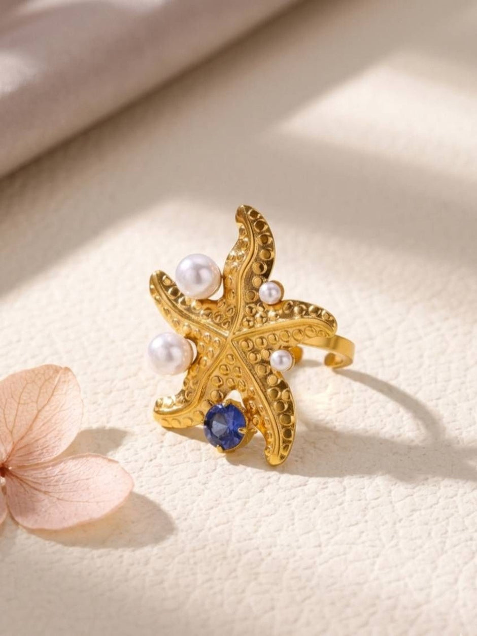Glamorous Pearl & Gem Stone Starfish Cocktail Pearl Ring