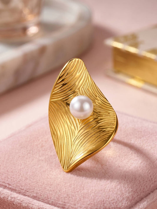 Oversized Artisan Leaf & Pearl Statement Ring