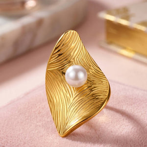 Oversized Artisan Leaf & Pearl Statement Ring