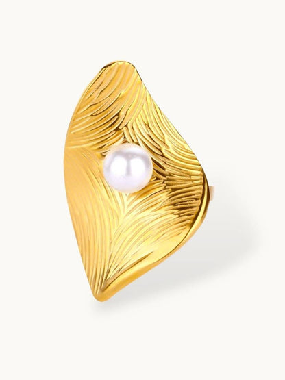 Oversized Artisan Leaf & Pearl Statement Ring