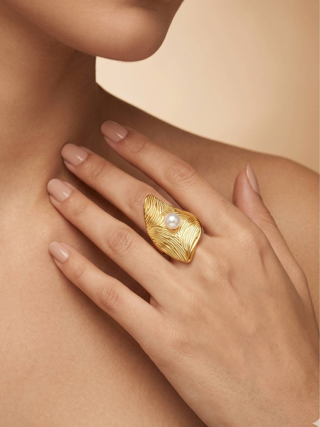 Oversized Artisan Leaf & Pearl Statement Ring