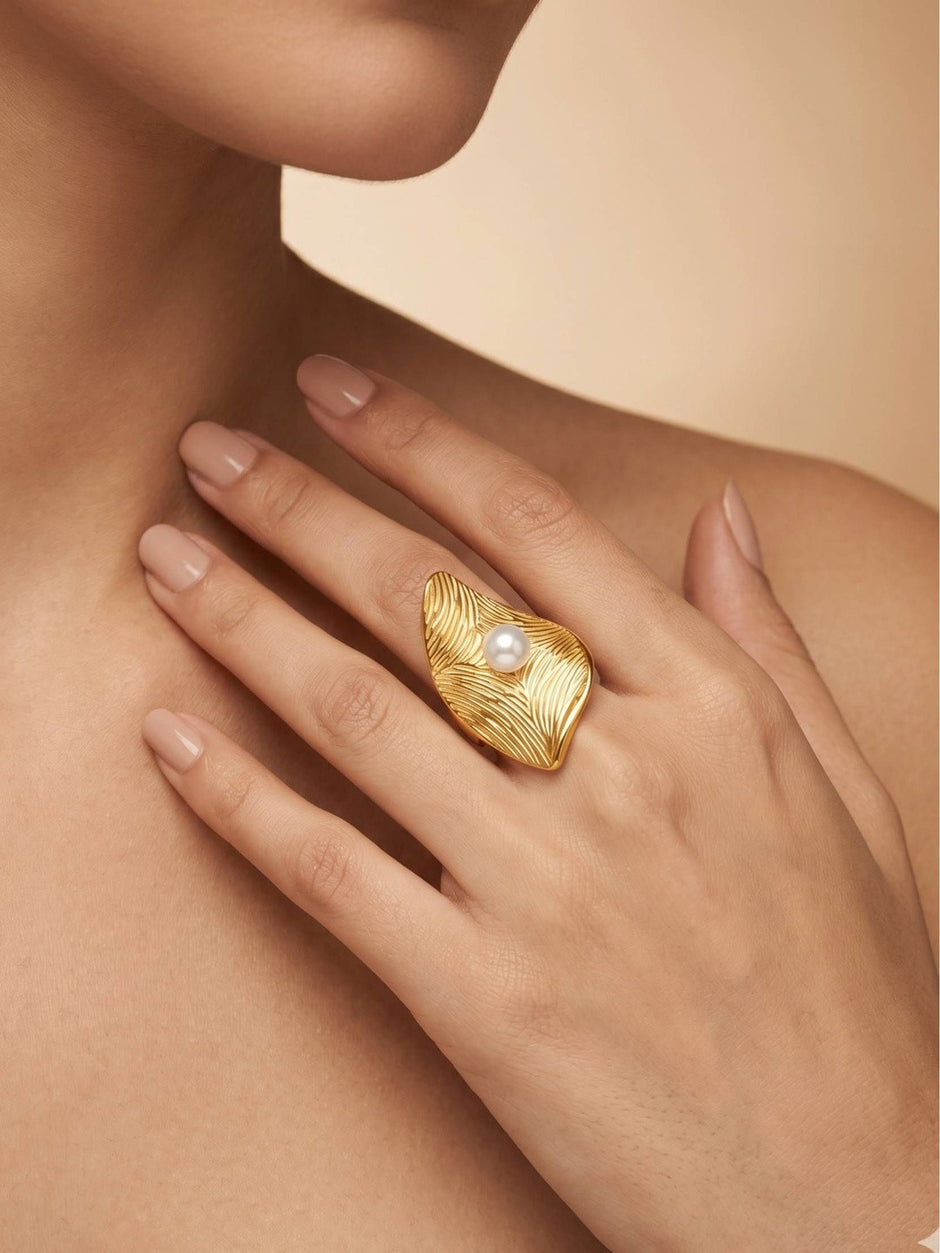 Oversized Artisan Leaf & Pearl Statement Ring