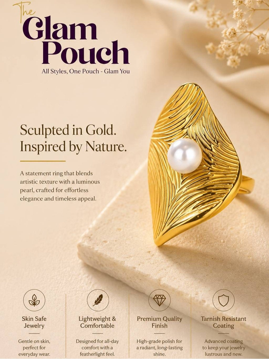 Oversized Artisan Leaf & Pearl Statement Ring