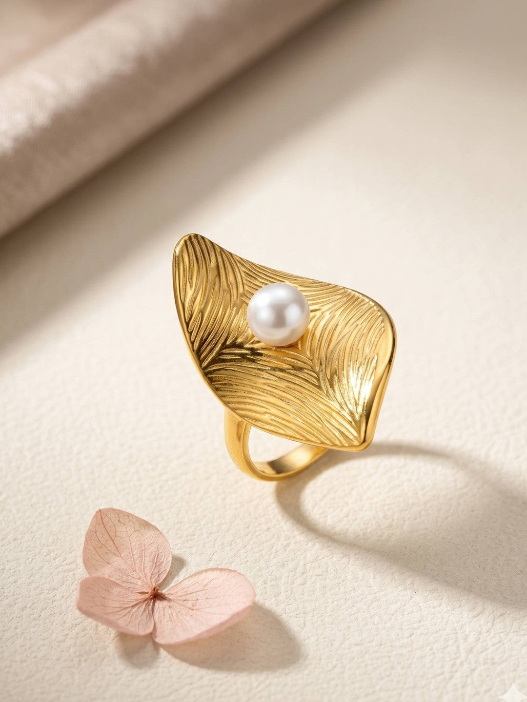 Oversized Artisan Leaf & Pearl Statement Ring