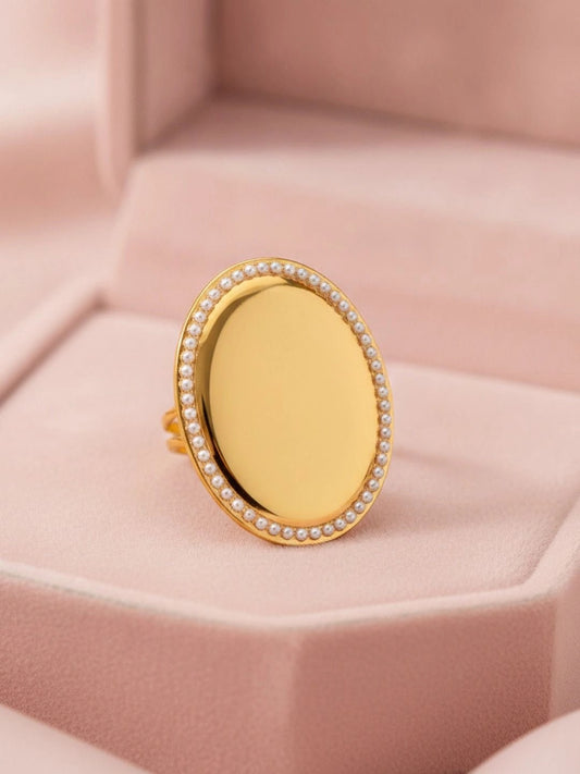 Grand Oval Plaque Pearl Border Diamond Statement Ring