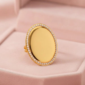 Grand Oval Plaque Pearl Border Diamond Statement Ring