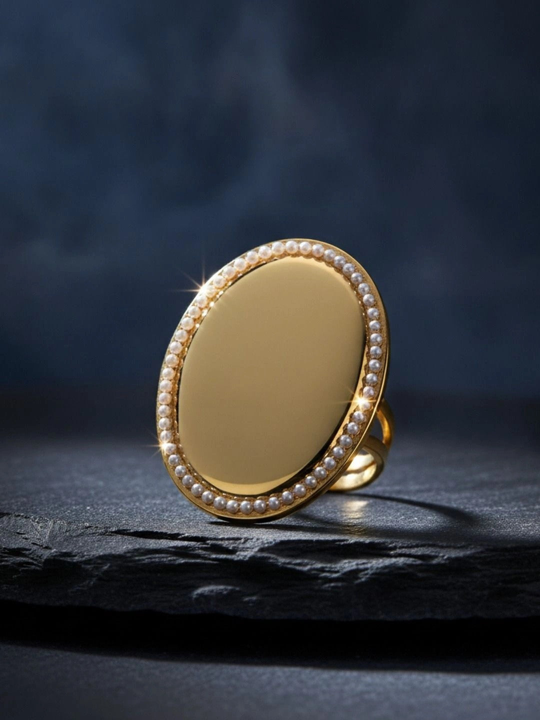 Grand Oval Plaque Pearl Border Diamond Statement Ring