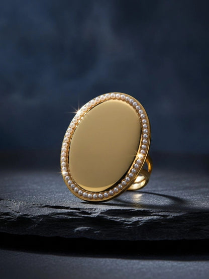 Grand Oval Plaque Pearl Border Diamond Statement Ring