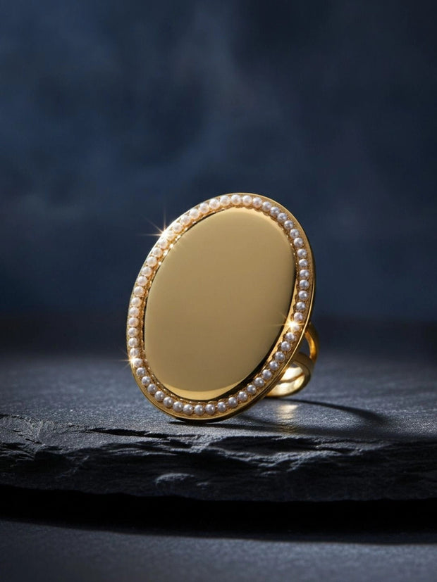 Grand Oval Plaque Pearl Border Diamond Statement Ring