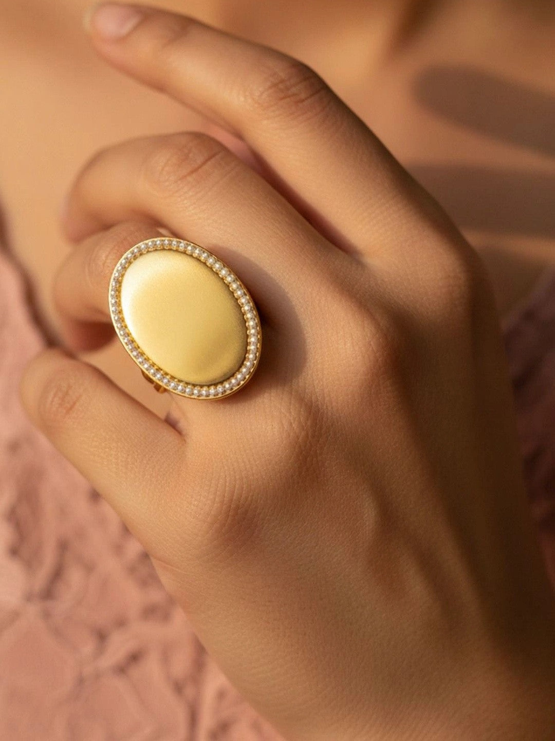 Grand Oval Plaque Pearl Border Diamond Statement Ring