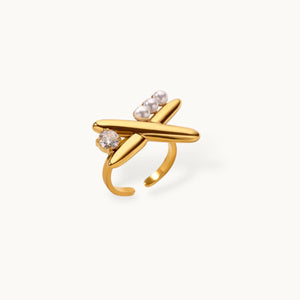 Whimsical Pave Solitaire Airplane Adjustable Pearl Ring