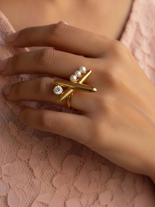 Whimsical Pave Solitaire Airplane Adjustable Pearl Ring