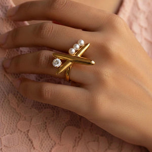 Whimsical Pave Solitaire Airplane Adjustable Pearl Ring