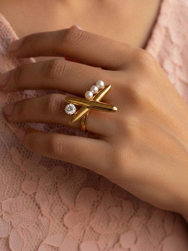 Whimsical Pave Solitaire Airplane Adjustable Pearl Ring