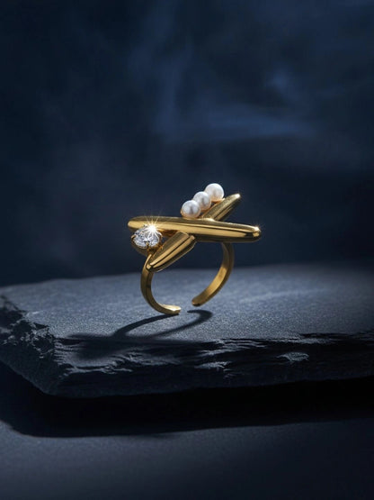 Whimsical Pave Solitaire Airplane Adjustable Pearl Ring