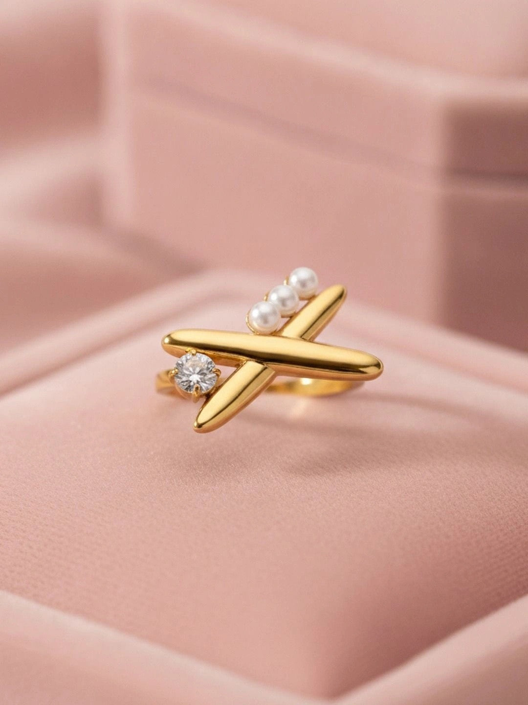 Whimsical Pave Solitaire Airplane Adjustable Pearl Ring