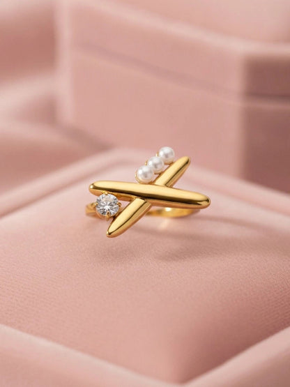 Whimsical Pave Solitaire Airplane Adjustable Pearl Ring