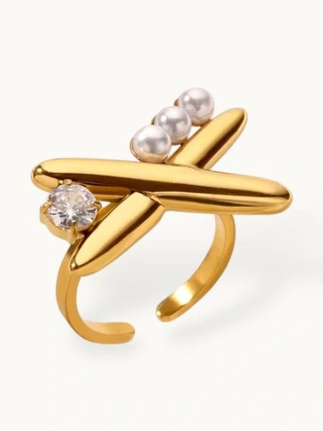 Whimsical Pave Solitaire Airplane Adjustable Pearl Ring