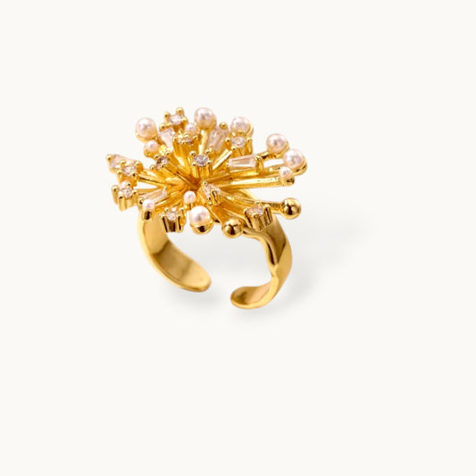 Opulent Sputnik & Pave Burst Cocktail Diamond Pearl Gold Ring