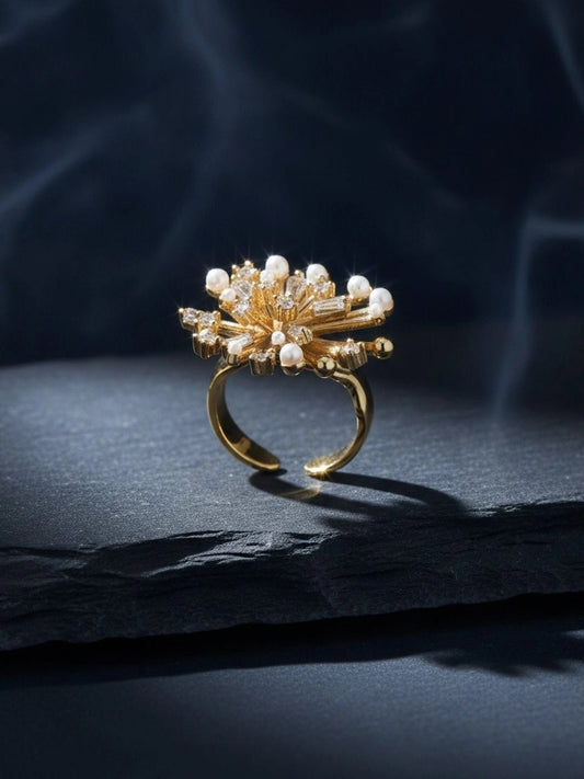 Opulent Sputnik & Pave Burst Cocktail Diamond Pearl Gold Ring