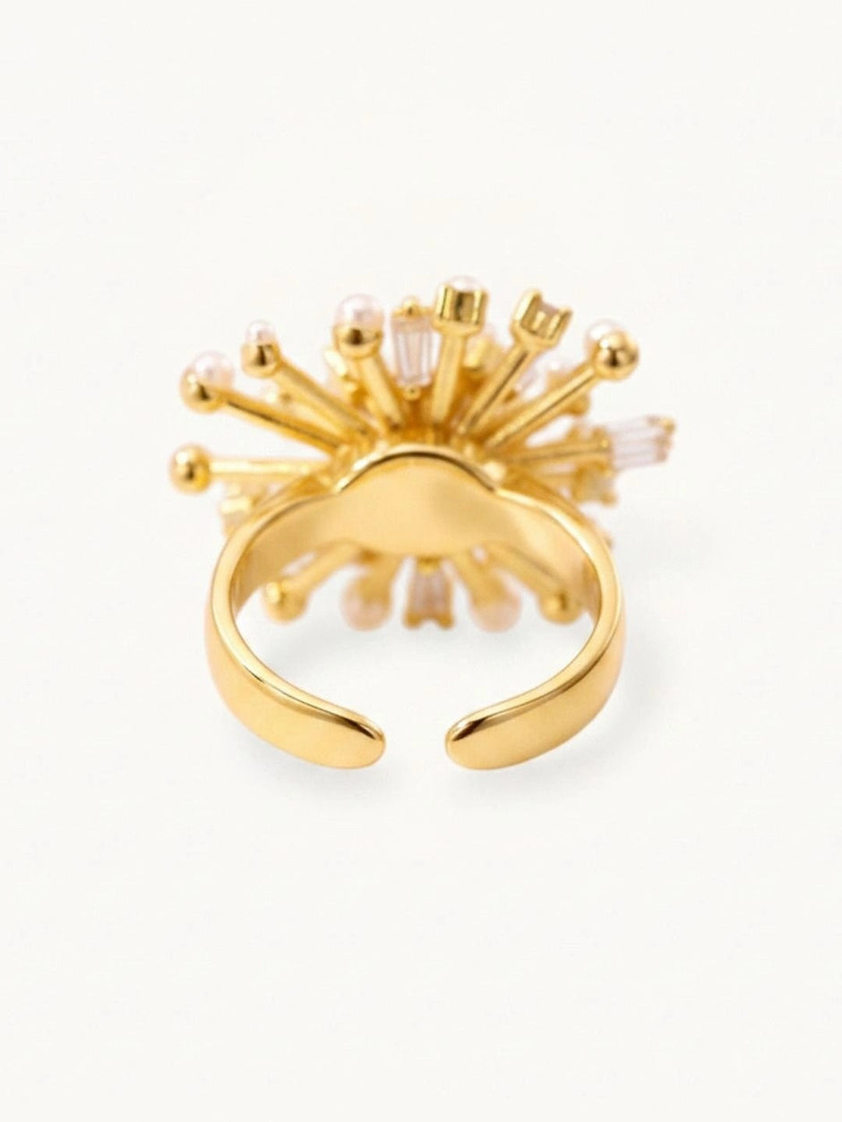 Opulent Sputnik & Pave Burst Cocktail Diamond Pearl Gold Ring