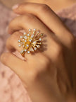 Opulent Sputnik & Pave Burst Cocktail Diamond Pearl Gold Ring