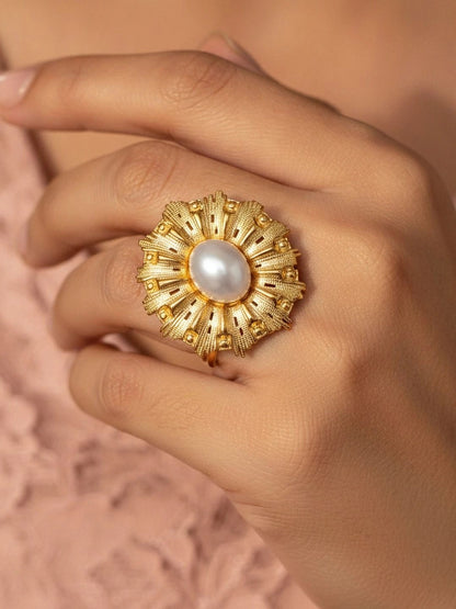 Baroque Sunburst Faux Pearl Gold-Plated Statement Ring
