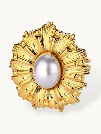 Baroque Sunburst Faux Pearl Gold-Plated Statement Ring