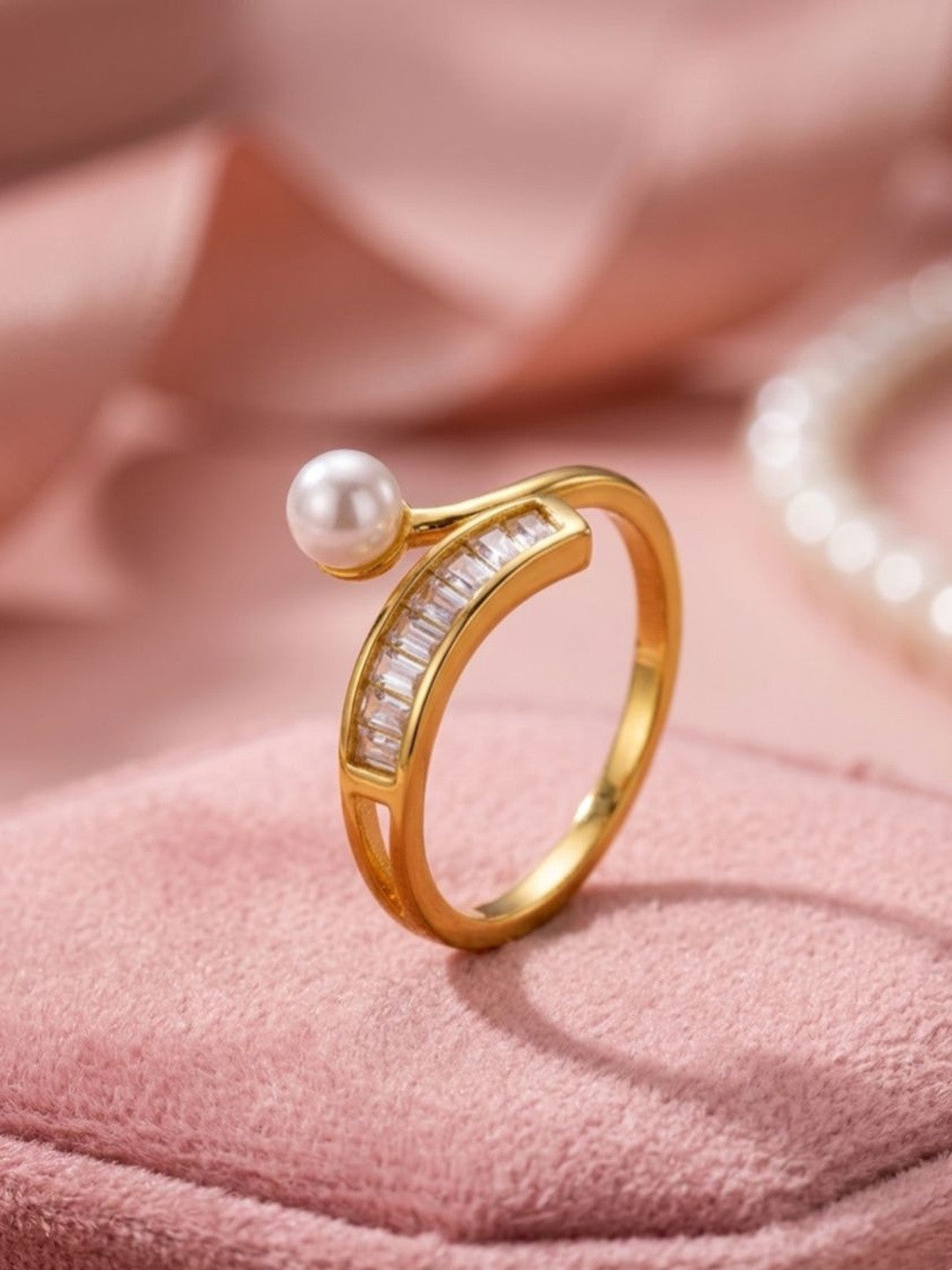 Swirl Baguette & Solitaire Stackable Diamond Pearl Ring