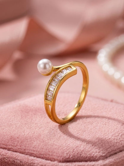 Swirl Baguette & Solitaire Stackable Diamond Pearl Ring