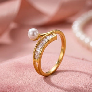 Swirl Baguette & Solitaire Stackable Diamond Pearl Ring