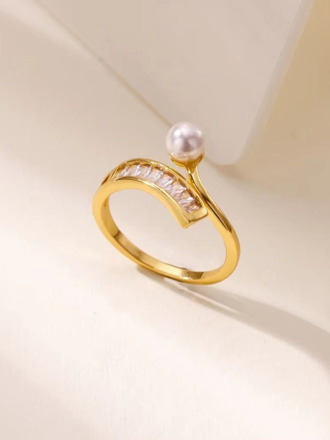 Swirl Baguette & Solitaire Stackable Diamond Pearl Ring