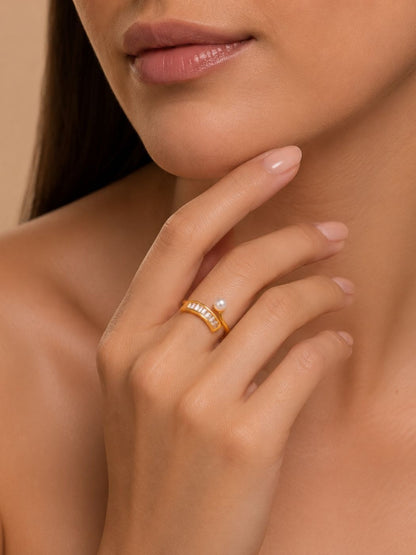 Swirl Baguette & Solitaire Stackable Diamond Pearl Ring