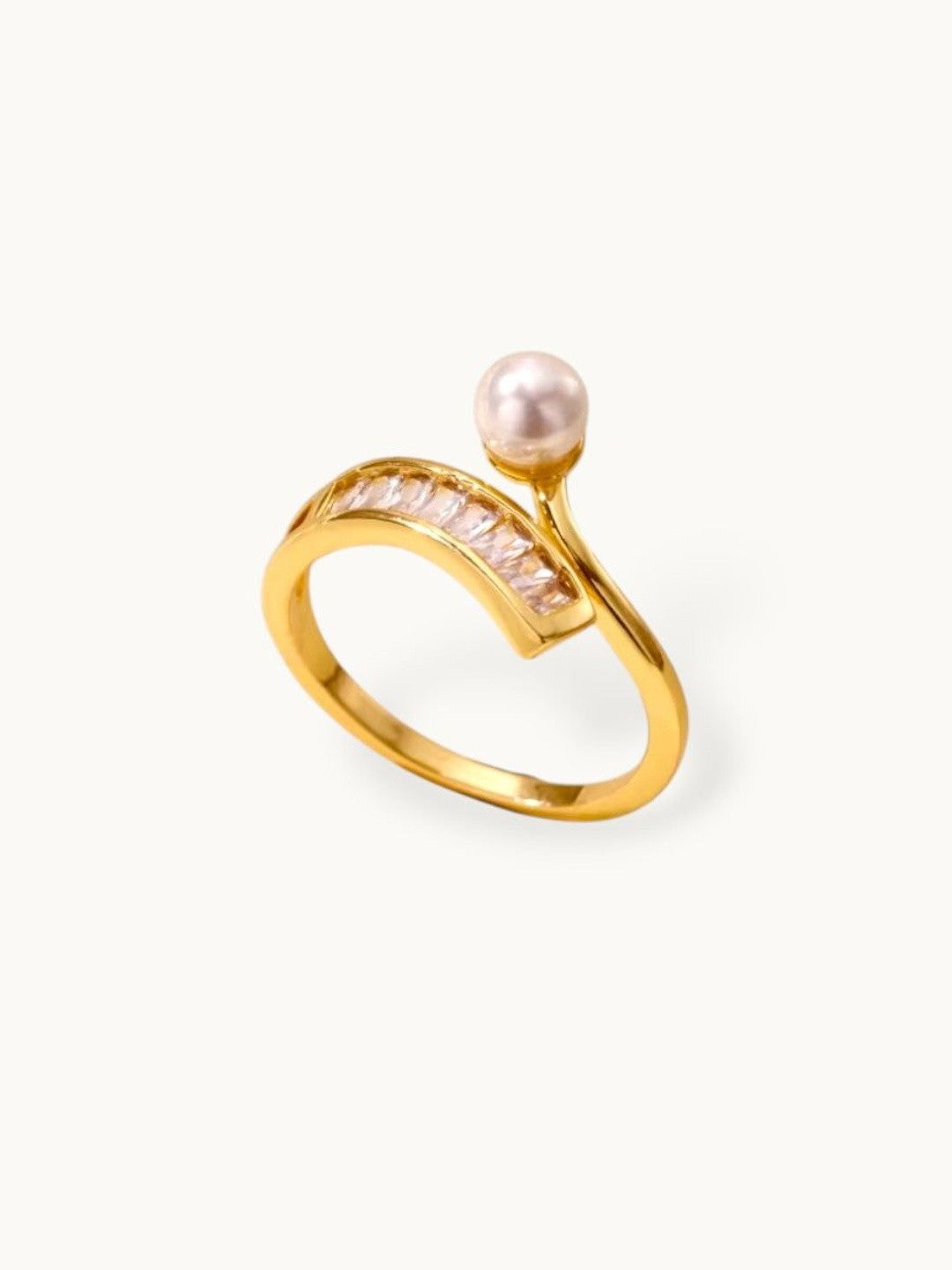 Swirl Baguette & Solitaire Stackable Diamond Pearl Ring