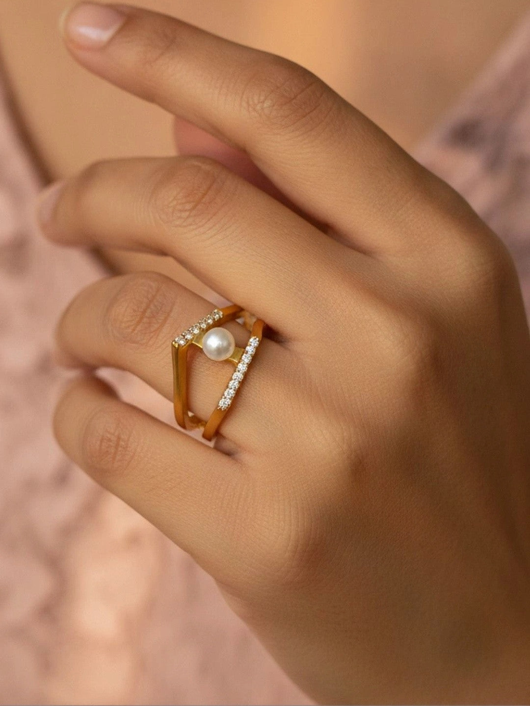 Geometric Pave Triangle & Pearl Stackable Ring
